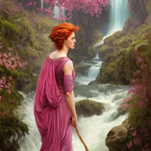 Image similar to a highly detailed byzantine painting of scarlett johansson and emma watson as red haired queens walking through a waterfall in a gossamer purple dress, epic fantasy, stormy night, viewed in profile from far away, ultrawide lens, art by artgerm and greg rutkowski and alphonse mucha, volumetric lighting, 4 k resolution, trending on artstation, masterpiece