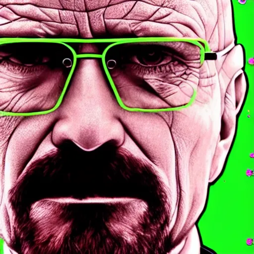 Image similar to close up still of walter white seeing the matrix code, highly detailed face, highly detailed skin, award winning scene, photography, photo, beautiful glitching green matrix code