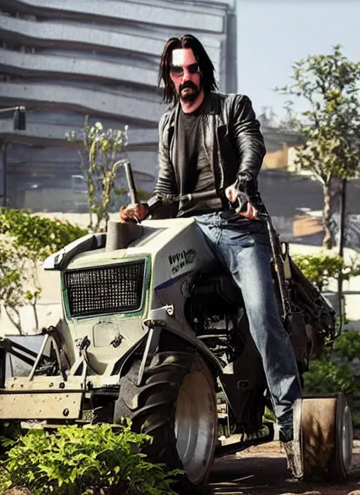 Image similar to solarpunk keanu reeves driving a tractor, cyberpunk 2 0 7 7 wake up samurai, solarpunk, lots of plants, gardening, permaculture, anarchy, realistic, ultra detailed