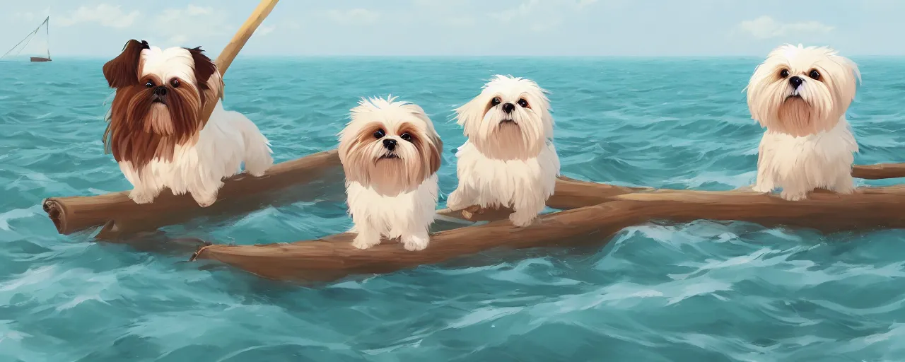 Image similar to a cream - colored havanese dog and shih tzu, sailing a log raft onto the shore of a beautiful tropical beach, detailed, atey ghailan, goro fujita, studio ghibli, rim light, exquisite lighting, clear focus, very coherent,