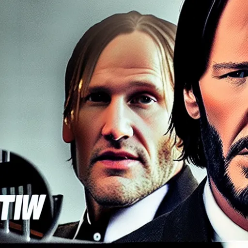 Prompt: john wick with woody harrelson ’ s face