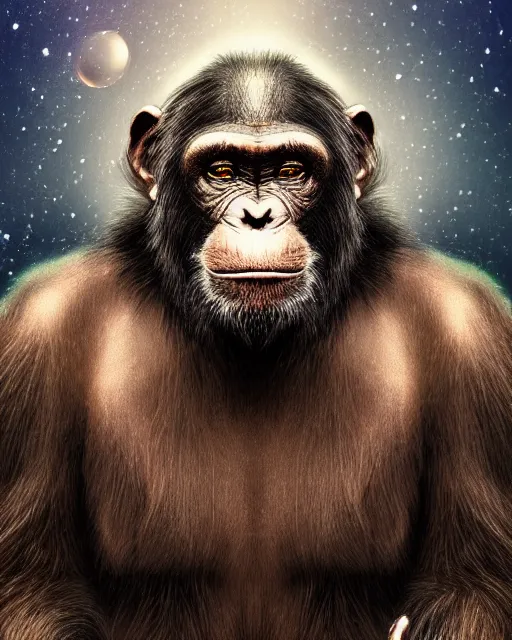 Image similar to very detailed high resolution illustration portrait of a chimpanzee wearing armor, backlit, stars, night, surrounded, 3 d, 8 k, extremely detailed, artstation, award winning
