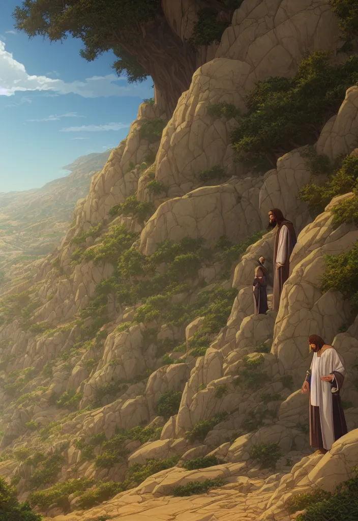 Prompt: a portrait of jesus sermon on the mount by dan mumford, yusuke murata and makoto shinkai, 8k, cel shaded, unreal engine, featured on artstation, pixiv