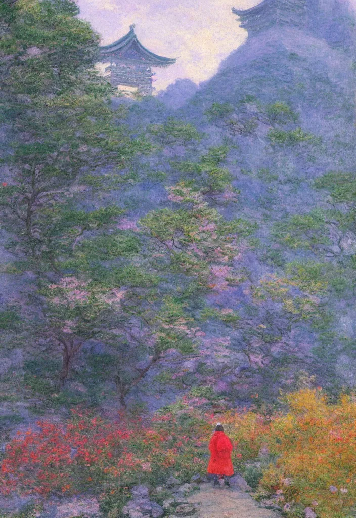 Image similar to tiny character in front of a huge japanese temple in the mountain. gorgeous epic nature, lofi, vivid colors, amazing light, by jeremy lipkin, by claude monet, heavily inspired by makoto shinkai, kandinsky touches, masterpiece, multiple brush strokes, impressionist style