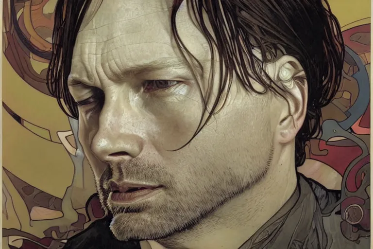 Image similar to hyper realistic portrait of radiohead singer frontman, by lee bermejo, alphonse mucha and greg rutkowski