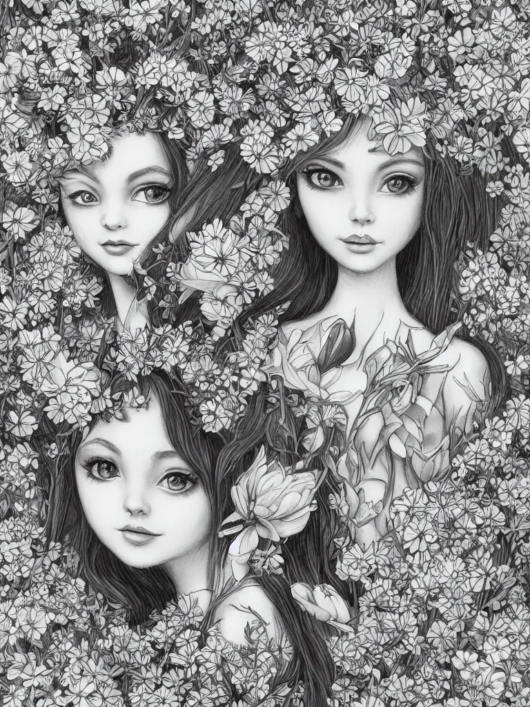 Image similar to a portrait of a cute flower fairy with whimsical big eyes in a garden and surrounded by flowers, pencil drawing, black and white, trending on artstation, behance, deviantart, drawn by tom lovell, artgerm, jsc, j. scott campbell