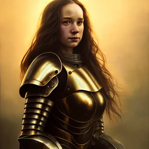 Image similar to attractive, aesthetically pleasing young woman portrait, partially clothed in metal-plated battle armor, atmospheric lighting, painted, intricate, volumetric lighting, beautiful, golden hour, sharp focus, ultra detailed, by Leesha Hannigan, Ross Tran, Thierry Doizon, Kai Carpenter,Ignacio Fernández Ríos