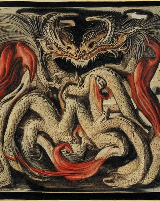 Image similar to a dragon with four heads. one human head, second eagle head, third lion head, fourth ox head. drawn by francis bacon