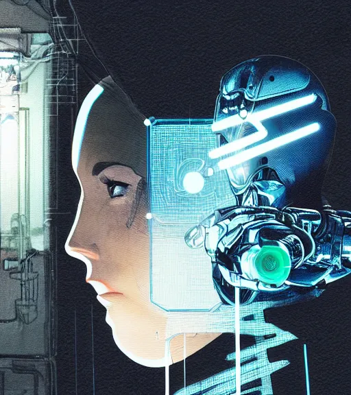Image similar to robot woman with a projected hologram for a head, techwear, dead space, visible face, Industrial Scifi, detailed illustration, character portrait, by Martin Grip and Moebius