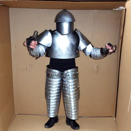 Image similar to cardboard boxman with box armour, wielding a sword inside a kitchen