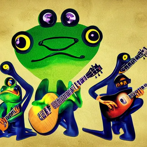 Image similar to 3 frogs playing instruments in a band, high-definition photograph