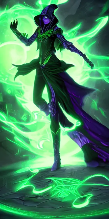 Image similar to malicious warlock casting a fel spell, destructive and devastating, powers and incantations, green and black tones, full body cinematic by artgerm and wlop
