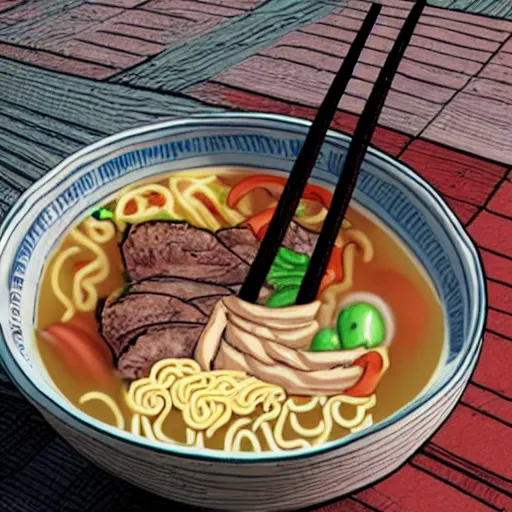 Image similar to Bowl of ramen in the style of a comic book