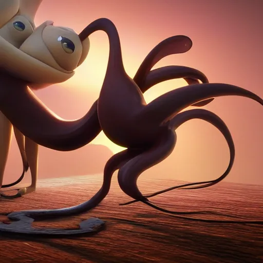 Prompt: 3d render of a voluptuous beautiful black model being pulled by giant squid, 3d, in the style of pixar, highly detailed, sharp focus, bokeh, depth of field, 16k resolution, Unreal Engine 5, coherent, cinematic lighting, photorealistic