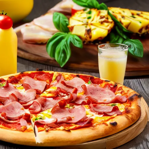 Image similar to pizza with ham pineapple and chesse profesional commercial photo shot 4 k