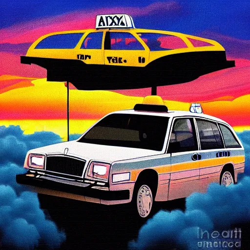 Prompt: a 1980s old taxi car floating above the clouds, sunset, digital painting,