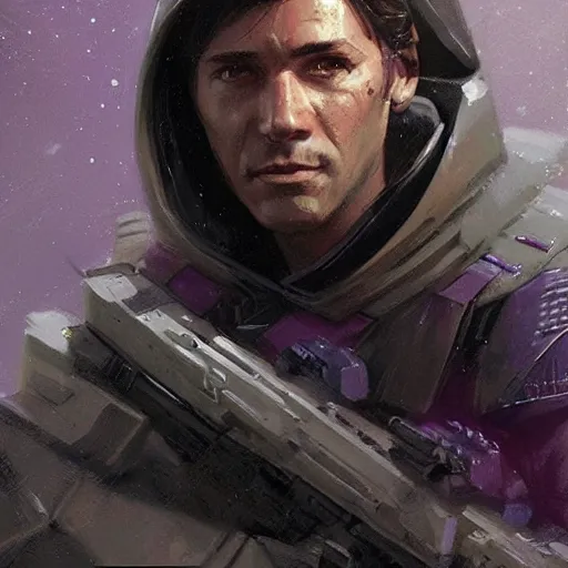 Image similar to star wars concept art by greg rutkowski, a soldier of the galactic dominion wearing purple tactical gear, highly detailed portrait, digital painting, artstation, concept art, smooth, sharp foccus ilustration, artstation hq