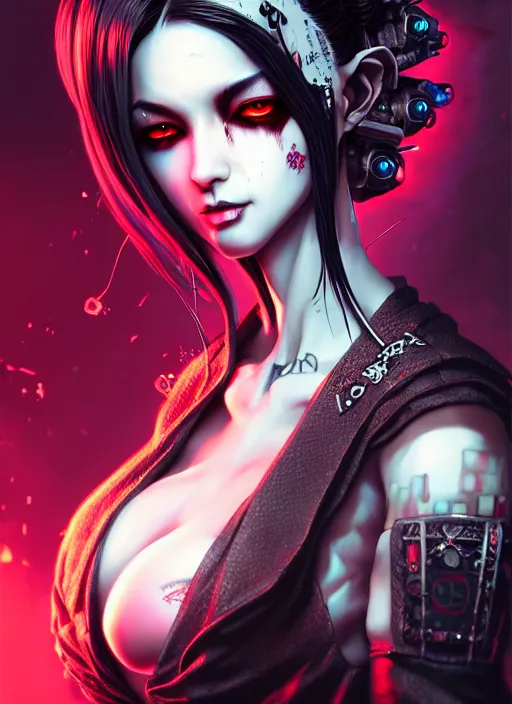 Image similar to soft lustrous ebony geisha seductive raver yakuza gothic cyborg cyberpunk gutter punk, decay, underworld, dark fantasy, dark art, highly detailed, digital painting, octane render, artstation, concept art, smooth, sharp focus, illustration, art by artgerm, loish, wlop