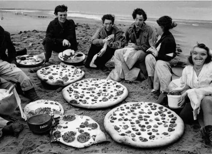 Prompt: vintage photo of a pizza party on omaha beach in normandy