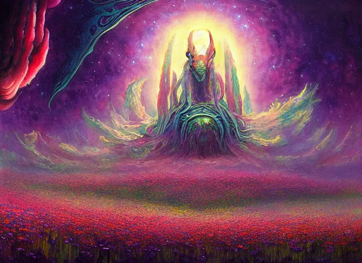 Image similar to a beautiful painting of a large alien shrine shrouded by mystic nebula magic in a field of flowers by moebius and android jones, oil on canvas sharp, details, hyper - detailed, hd, hdr, 4 k, 8 k