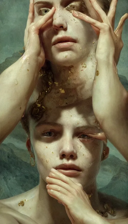 Image similar to epic masterpiece torment, drama, sweaty skin, hyperrealistic, octane render, cinematic, beautiful face and flawless skin, perfect hands, 5 fingers, gold by Edgar Maxence, Legends of Runeterra