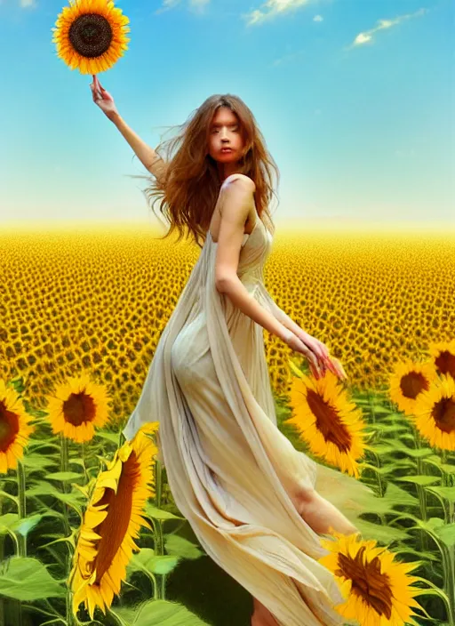 Image similar to a full body fashion photography of a girl slowly walking through amazing tall sunflower field, hair flowing, intricate, elegant, clearly visible face, highly detailed, digital painting, artstation, concept art, smooth, sharp focus, illustration, art by artgerm and greg rutkowski and alphonse mucha, 8 k