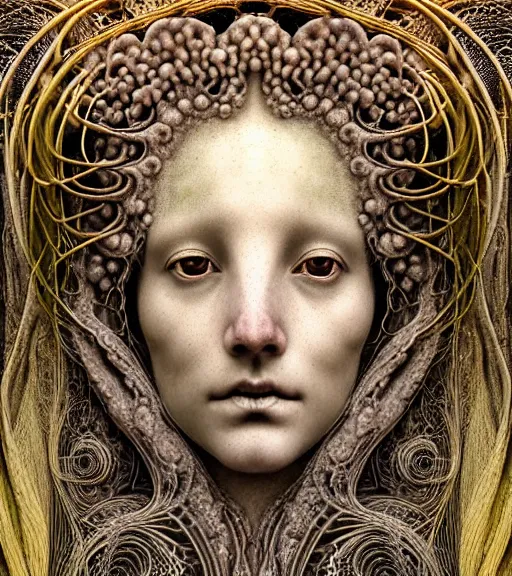 Prompt: detailed realistic beautiful fungi goddess face portrait by jean delville, gustave dore, iris van herpen and marco mazzoni, art forms of nature by ernst haeckel, art nouveau, symbolist, visionary, gothic, neo - gothic, pre - raphaelite, fractal lace, intricate alien botanicals, ai biodiversity, surreality, hyperdetailed ultrasharp octane render