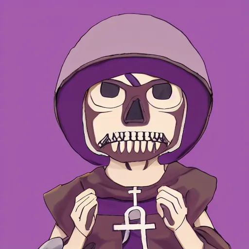 Image similar to cute little boy wearing an skull mask and dressed in an nun outfit in desert, purple color palette, artwork made in made in abyss art style, inspired in ddtank and hirohiko araki, ray tracing, soft details, anatomically correct