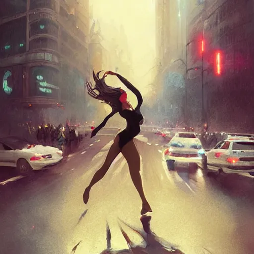 Image similar to A handsome woman, dancing in the middle of an intersection, stopping peak hour traffic, digital art, fantasy art by Greg Rutkowski