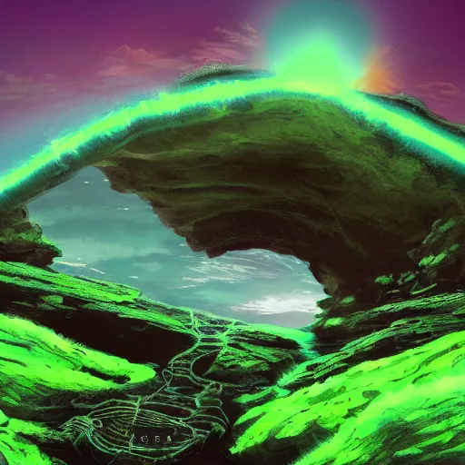 Image similar to a scary glowing green scifi portal to another world in darwin's arch in the galapagos islands, ocean and rock landscape, science fiction, intricate, elegant, highly detailed, digital painting, artstation, concept art, matte, sharp focus, illustration, in an anime style