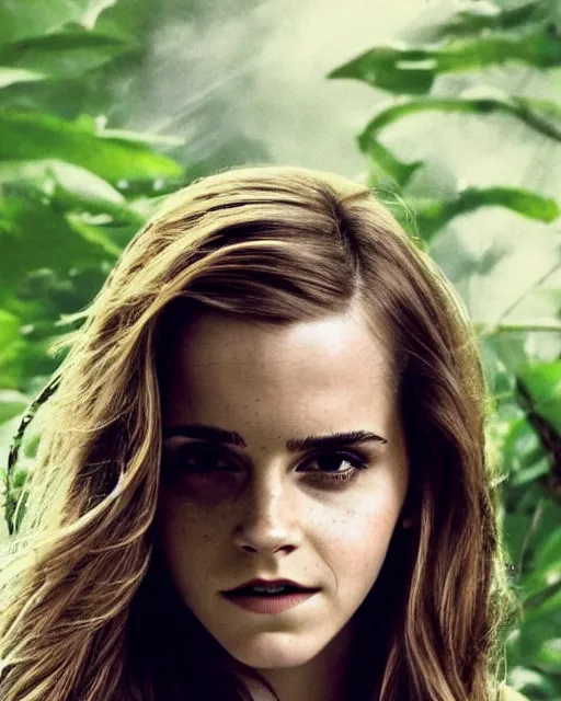 Image similar to Emma Watson in a jungle of lightning