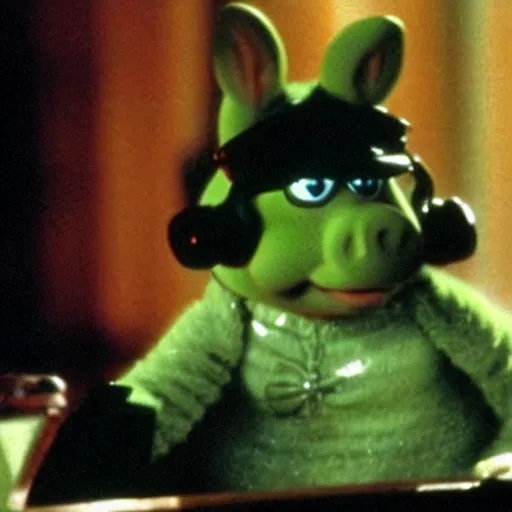 Prompt: movie still of miss piggy starring as trinity in the matrix 1 9 9 9 movie w - 7 6 8