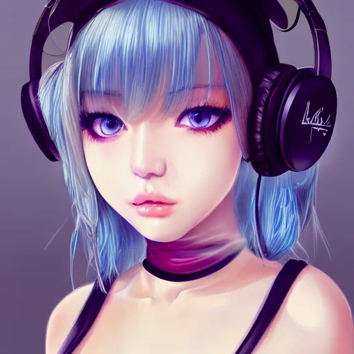 Image similar to realistic teasing detailed semirealism beautiful gorgeous cute Blackpink Lalisa Manoban white hair white cat ears blue eyes, wearing black camisole outfit, headphones, black leather choker full HD 4K high resolution quality WLOP, Aztodio, Taejune Kim, Guweiz, Pixiv, Instagram, Artstation