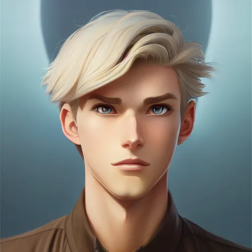 Image similar to young man with short, ash blond greyish hair, path traced, highly detailed, high quality, digital painting, by don bluth and ross tran and studio ghibli and alphonse mucha, artgerm, sylvain sarrailh