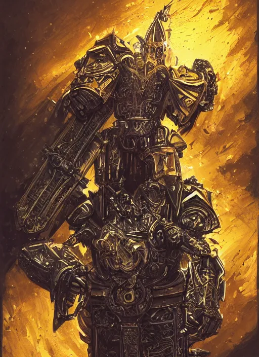 Image similar to dynamic portrait of a intricate glorious holy mechanical warforged character in yellow armor holding a paladin engraved great longsword and carrying a big paladin shield, spotlight from face , epic , trending on ArtStation, cinematic lighting, by Jesper Ejsing and by Philippe Druillet