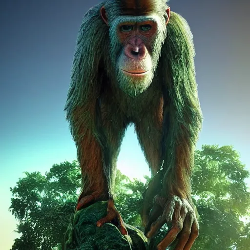 Image similar to cinema 4D colorful render, utopian jungle in space , planet of the apes, old decaying statue of ape from a far distance , a detailed zoned in human anatomy veins, nature, heavy green, dramatic lens flares, apes hanging from vines, a evil dark sun , depth field, unreal engine, sharp, incredible detail, professional composition, quality digital art, 4k, 4k concept art and hyper realism
