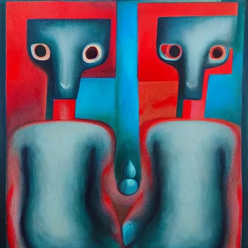 Image similar to Oil painting by Rufino Tamayo. Two mechanical gods with animal faces having a conversation. Oil painting by Lisa Yuskavage.