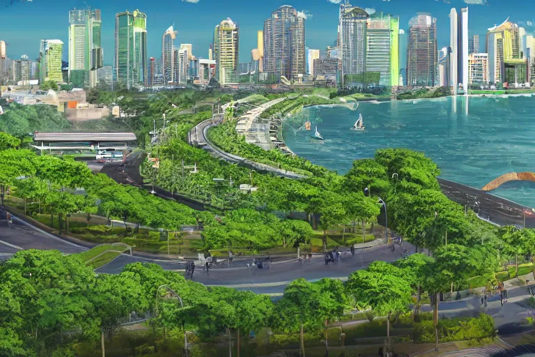 Prompt: manila baywalk, wide, green, many activities, clean, linear park, concept art, artstation