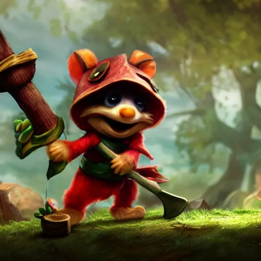 Image similar to still of Teemo from League of Legends in the style of Jim Henson, wearing goggles and wielding an axe