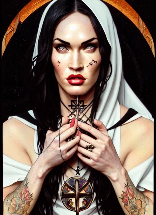 Prompt: portrait of megan fox as a satanic nun with face tattoos, catholic, church, bible, christian, intricate, headshot, highly detailed, digital painting, artstation, concept art, sharp focus, cinematic lighting, illustration, art by artgerm and greg rutkowski, alphonse mucha, cgsociety