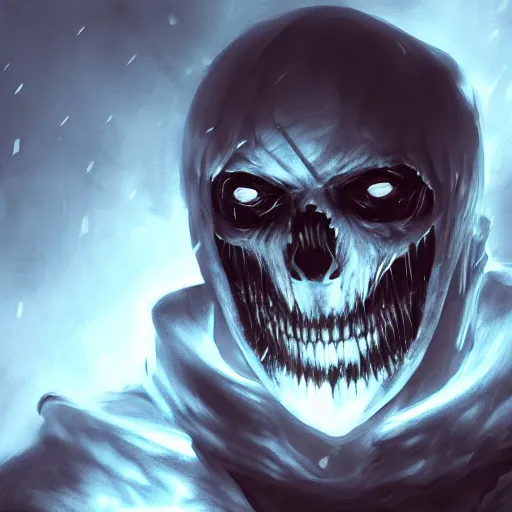 Image similar to photorealistic dark fantasy concept art of ultra horror nightmare sans with his eye glowing, dynamic lighting, stunning visuals, ray tracing, beautiful scenery, cinematic, full body portrait, ultra detailed, hyper detail, stunning detail