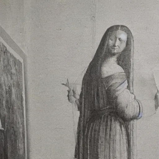 Image similar to rare old photo from behind of leonardo da vinci painting his unfinished painting of monalisa date 1 5 0 3