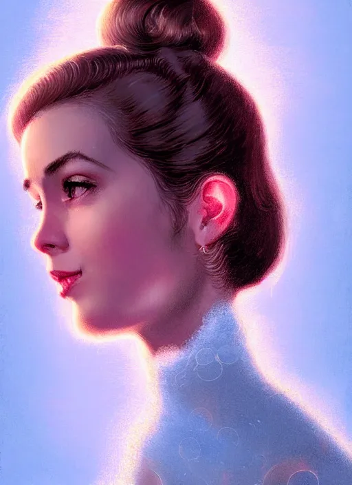 Image similar to portrait of betty cooper with fluffy bangs, bangs, 1 9 6 0 s, ponytail, curly bangs and ponytail, rounder face, intricate, elegant, glowing lights, highly detailed, digital painting, artstation, concept art, smooth, sharp focus, illustration, art by wlop, mars ravelo and greg rutkowski