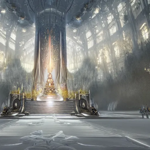 Prompt: a spiritual matte painting by feng zhu of a contemporary crystal throne room with tall banner hanging, unreal engine, ue5, concept art, wide angle, photo realistic, high detail, 4k hd wallpaper