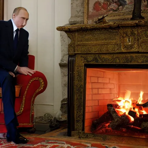 Prompt: vladimir putin looking at a log fire photograph, nikon lighting effect dof