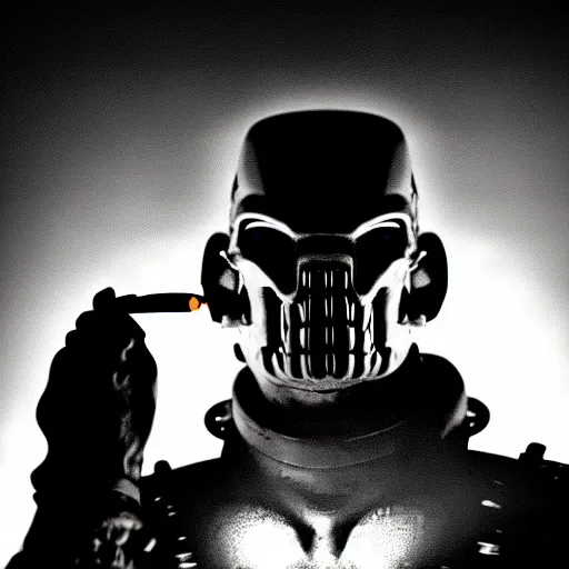 Image similar to black and white photo, cyberpunk rock golem as a soldier smoking a cigarette, still from the movie predator, still from the movie starship troopers, fog, dramatic lighting, cinematic, 4 k, full body shot, spotlight from above, rim lighting, full body photograph, sharp, cyberpunk, bladerunner, extreme detail, light rain, trending on artstation, spot light