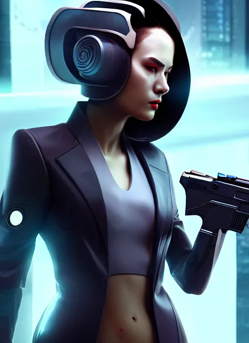 Prompt: portrait of a woman in a futuristic suit holding a gun, cyberpunk art by yuan jiang, featured on artstation, fantasy art, artstation hd, artstation hq, zbrush
