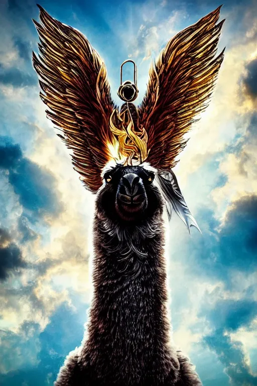 Image similar to A beautiful fierce llama angel with wings, wearing metal battle armor and a flaming sword, among heavenly sunlit clouds, symmetric, winged, close-up, intricate anthro llama portrait, elegant, digital llama painting, golden hour photo, cinematic, trending on artstation, anthro concept art, smooth, sharp focus, llama, illustration, art by artgerm and Greg Rutkowski and Alphonse Mucha, daily deviation, llama llama, anthro art masterpiece