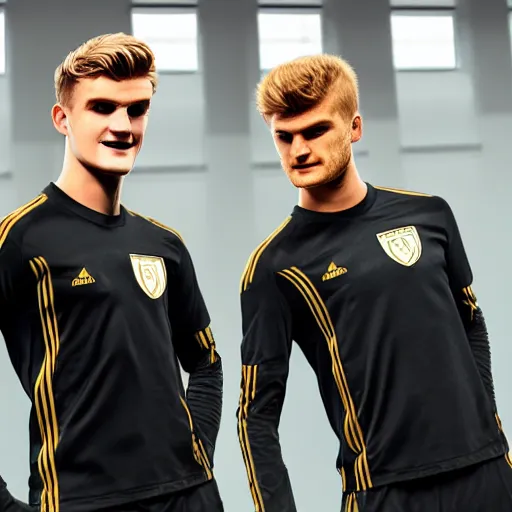 Image similar to a realistic detailed photo of a guy who is an attractive humanoid who is half robot and half humanoid, who is a male android, soccer players martin ødegaard & timo werner, shiny skin, posing like a statue, blank stare, in a factory, on display, showing off his muscles, gold soccer shorts, side view, looking at each other mindlessly