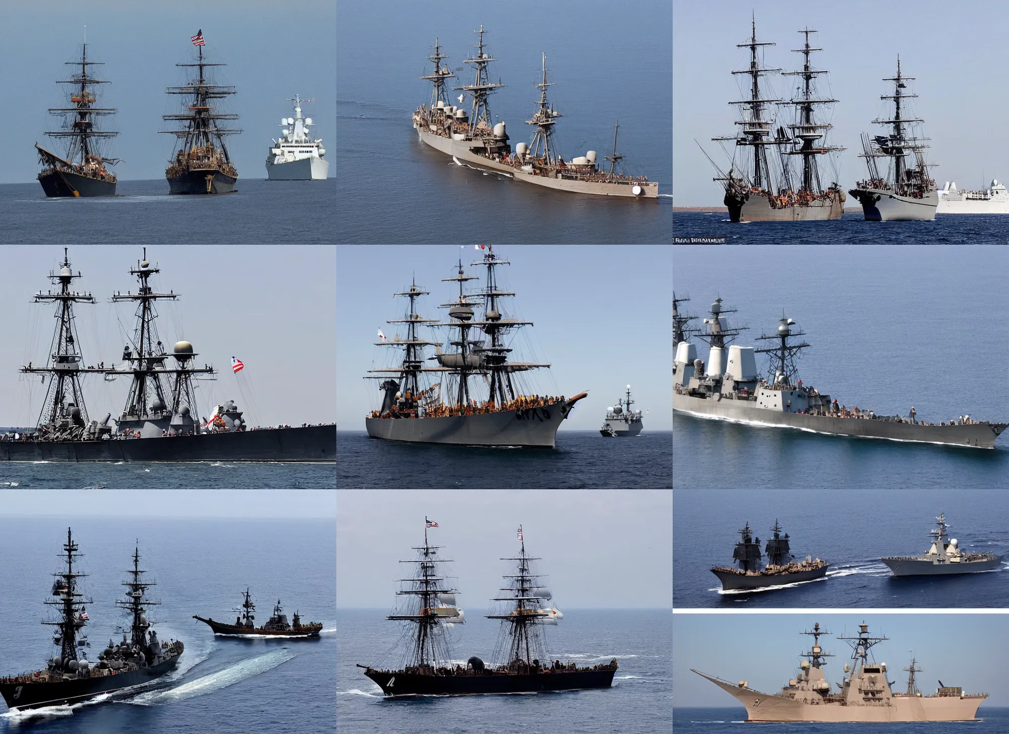 Prompt: a 1700s pirate ship sailing next to modern day US destroyer sailing side by side